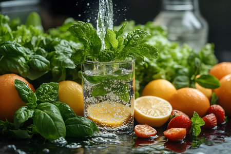 A refreshing scene featuring a glass of sparkling water infused with vibrant citrus slices and fresh herbs. surrounded by oranges, lemons, strawberries, and leafy greens, this setup epitomizes freshness and vitality, ideal for health-focused designs. Generative AIの素材