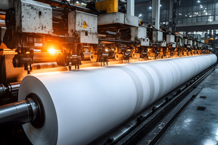 Industrial scene depicting a modern paper manufacturing process. large rolls of paper are produced in a well-lit factory environment, showcasing advanced machinery and technology in motion for mass production. Generative AIの素材