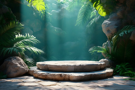 A serene stone platform is nestled within a lush jungle scene, bathed in gentle sunlight filtering through the dense foliage. the vibrant green plants and serene atmosphere make it an ideal backdrop for nature-inspired projects. Generative AIの素材