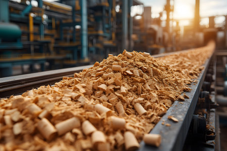Wood chips are transported on a conveyor belt in an industrial setting. the factory background showcases intricate machinery and structures bathed in warm sunlight, emphasizing manufacturing and production themes. Generative AIの素材