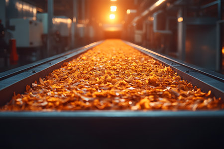 Golden leaves travel on a conveyer belt, illuminated by sunset light in an industrial setting. the scene creates an atmospheric representation of fall, ideal for autumn-themed designs and industrial process visualizations. Generative AIの素材