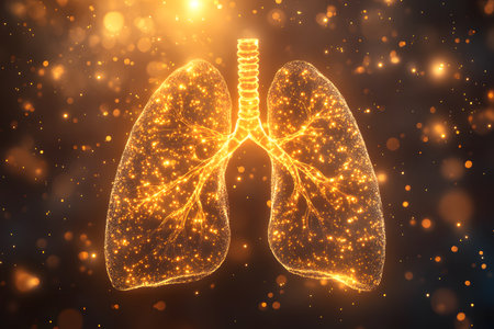 A digital visualization of human lungs glowing in gold, set against a dark background with a bokeh effect. the image emphasizes the respiratory system's intricacy, suitable for medical and scientific presentations. Generative AIの素材