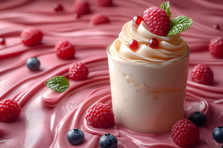 A gourmet dessert featuring a creamy mousse topped with fresh raspberries and mint leaves. set against a luscious pink ripple background with additional scattered berries and smooth textures for an elegant presentation. Generative AIの素材