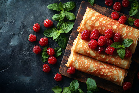 Tantalizing raspberry crepes are elegantly presented on a rustic wooden board against a dark slate backdrop. fresh raspberries and mint leaves add vibrant color and texture, perfect for culinary-themed design or food photography. Generative AIの素材