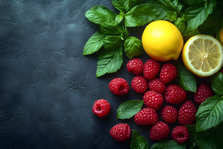 Fresh raspberries paired with vibrant lemons and mint leaves are artfully arranged on a dark textured backdrop. the vibrant colors and textures evoke a sense of summer freshness and natural beauty, ideal for culinary designs. Generative AIの素材