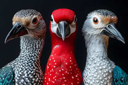 Three vibrant exotic birds are showcased against a dark backdrop, their contrasting colors and intricate feather patterns. the composition emphasizes their distinct features and the diversity of avian beauty. Generative AIの素材
