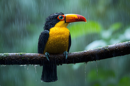 A colorful toucan sits drenched on a rain-soaked branch amidst a lush rainforest. the vivid hues of its beak contrast with the rich, green backdrop, capturing a serene moment in wildlife under the gentle rain. Generative AIの素材