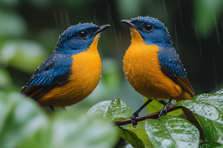 Two colorful birds perched on a branch amidst lush rainforest foliage, their vivid blue and orange plumage glistening with raindrops. the scene tranquility and beauty of tropical wildlife in its natural habitat. Generative AIの素材