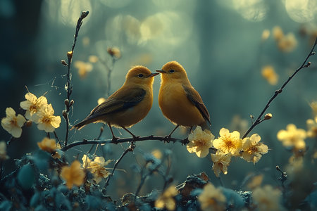 Two golden birds perch harmoniously among blooming branches, creating a serene and enchanting scene. the soft, muted background highlights the vibrant yellow blooms, enhancing the peaceful ambiance of nature's beauty. Generative AIの素材