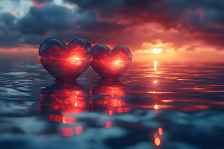 Heart-shaped glass objects float on gentle ocean waves, glowing with the warm hues of a dramatic sunset. the vivid sky and tranquil water create a serene and romantic setting, perfect for themes of love and tranquility. Generative AIの素材
