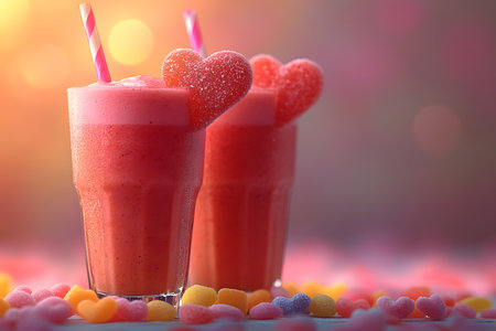 Two heart-themed strawberry smoothies with pink straws sit amongst colorful candy in a warm, romantic setting. the bokeh background enhances the vibrant, sweet atmosphere, ideal for valentine s day celebrations or romantic occasions. Generative AIの素材