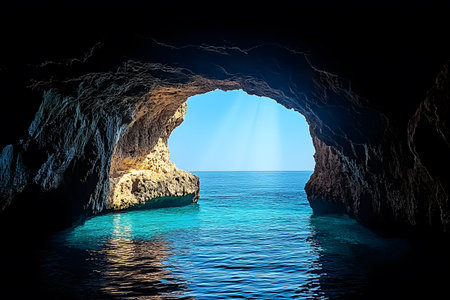 A breathtaking view from within a sea cave as sunlight illuminates the natural rock formations. the cave opens up to a stunning ocean vista with calm, crystal-clear blue waters, creating a serene and inviting travel scene. Generative AIの素材