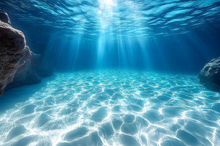 Tranquil underwater scene featuring clear ocean waters with sunlight streaming through, creating beautiful patterns on the sandy sea floor. the serene and ethereal atmosphere evokes a sense of calm and wonder, perfect for nature, travel, or relaxation themes. Generative AIの素材