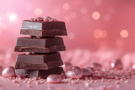 Four pieces of dark chocolate are stacked with pink sugar crystals on a shimmering pink background. heart-shaped candies add a romantic touch, making it ideal for valentine's day and indulgence themes. Generative AIの素材