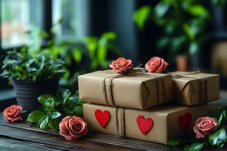 Gift boxes wrapped in brown paper adorned with twine and red hearts are beautifully set among artificial pink roses on a rustic wooden table. a lush green potted plant adds a natural touch, ideal for romantic occasions and valentine's day themes. Generative AIの素材