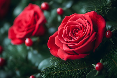 Vibrant red roses paired with deep green foliage and bright berries create an elegant holiday decor theme. perfect for seasonal inspiration, these natural elements add warmth and charm to any setting. Generative AIの素材