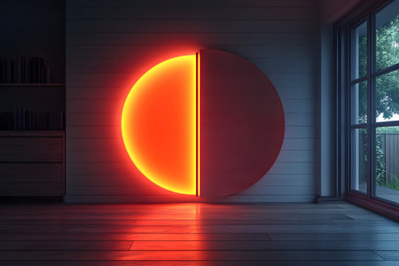 A stylish modern interior featuring a large circular neon light on a wooden paneled wall. the vibrant orange glow creates a striking contrast against the neutral tones of the room, sleek, contemporary design elements. Generative AIの素材