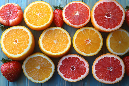 Sliced oranges and grapefruits paired with whole strawberries are arranged on a rustic blue wooden background. the contrasting colors and textures evoke a fresh, summery vibe perfect for food-themed designs. Generative AIの素材