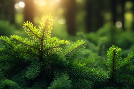 Serene forest scene featuring sun-dappled pine branches, emphasizing tranquility and natural beauty. soft light filters through the trees, creating a dreamy atmosphere perfect for nature-themed projects and relaxation concepts. Generative AIの素材