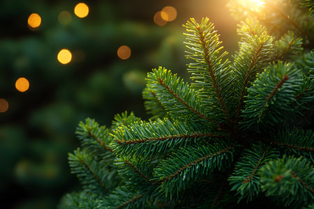 Close-up of a pine branch illuminated by warm, glowing bokeh lights, evoking a festive holiday atmosphere. ideal for christmas-themed designs, cards, and posters, capturing the spirit of the winter season. Generative AIの素材