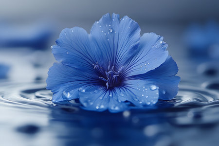 Blue flower resting on water with delicate water droplets showcasing details of petals. the serene and calming scene is ideal for nature-themed designs, wallpapers, or meditation visuals, tranquility and beauty. Generative AIの素材