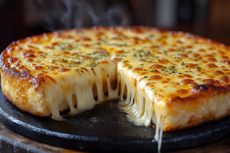 A mouthwatering close-up of a cheese pizza featuring gooey, stretchy melted cheese and a perfectly golden crust. steam rising adds warmth to the rustic presentation, the rich texture and indulgent appeal. Generative AIの素材