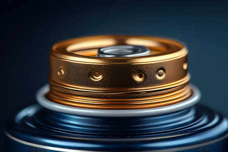 Detailed close-up of a spray can nozzle featuring a metallic cap with intricate textures and a smooth finish. the image highlights industrial design elements, showcasing precision, technology, and material craftsmanship. Generative AIの素材