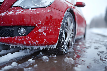 Snow and ice adhering to a striking red car parked on a slushy roadside illustrate winter driving challenges. highlighting icy wheel conditions, this image serves as a reminder of road safety in cold weather. Generative AIの素材