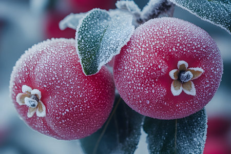Close-up view of two red apples covered with frosty dew, their textured surface and icy beauty. the cold hues and delicate frost create a perfect winter theme, ideal for seasonal designs or holiday decorations. Generative AIの素材
