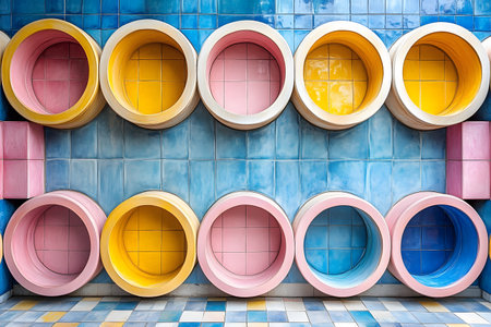 Vibrant geometric pattern featuring circular tile designs in yellow, pink, and white set against a textured blue background. ideal for adding a playful touch to interior design or creative art projects. Generative AIの素材
