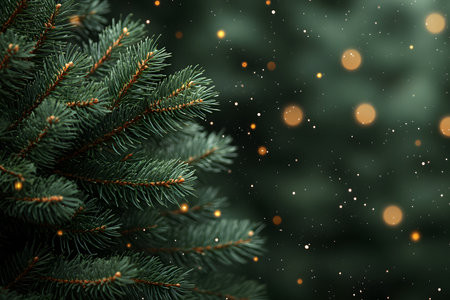 Evergreen branches create a festive atmosphere with their lush green needles. soft falling snowflakes and warm bokeh lights add a magical touch, perfect for holiday-themed designs, cards, and posters. Generative AIの素材