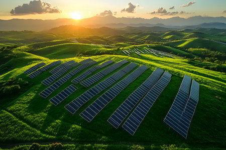 Vast solar panel arrays harness sunlight on undulating verdant hills as the sun sets, sustainable energy in a picturesque landscape. illustrates renewable power in harmony with nature. Generative AIの素材