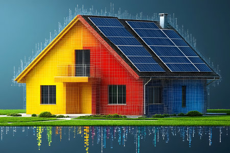 Vibrant model of a house featuring solar panels on the roof, digitally rendered with colorful sections emphasizing sustainable design. ideal for themes on green energy, eco-friendly architecture, and innovative home solutions. Generative AIの素材