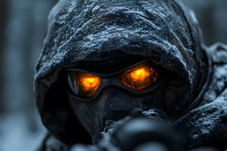 A figure in winter camouflage gear aims through a scope in a snowy wilderness. the glowing goggles add a mysterious and intense atmosphere, enhancing the tactical and secretive nature of the scene. Generative AIの素材