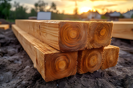 Timber beams stacked on a construction site, illuminated by the warm glow of a sunset. the wood's natural rings and texture are highlighted, emphasizing sustainable building practices and eco-friendly construction materials. Generative AIの素材