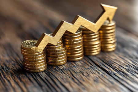 Golden coins stacked in ascending order form a staircase, symbolizing financial growth and stability. an upward arrow sits atop, illustrating increased investment returns and economic success on a wooden surface. Generative AIの素材