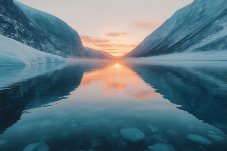 Stunning winter sunrise with vibrant colors reflecting on a calm lake surrounded by snowy mountains. the serene landscape highlights the beauty of nature and the tranquility of the early morning light. Generative AIの素材