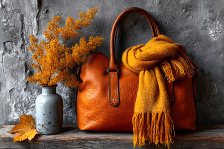 A stylish composition featuring a brown leather handbag paired with a warm, mustard scarf, set against a rustic textured background. complemented by a decorative vase with golden foliage, creating an autumnal ambiance perfect for seasonal decor inspiration or fashion design. Generative AIの素材