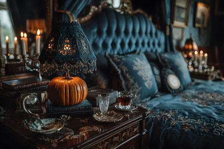 A luxurious victorian-style bedroom features intricate pumpkin decor, ornate pillows, and a vintage lamp. the warm glow of candlelight creates a cozy, festive halloween atmosphere, enhancing the elegant wood and fabric details. Generative AIの素材