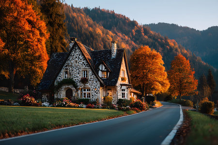 A picturesque stone cottage nestled in a vibrant autumn landscape, surrounded by colorful trees and a winding road. the serene mountain backdrop enhances the cozy, inviting atmosphere, perfect for travel and seasonal design themes. Generative AIの素材