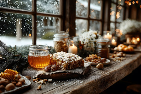 A rustic wooden table is adorned with honey, nuts, and various baked goods, set against a snowy window backdrop. candlelight adds a warm ambiance, complementing the wintery scene with elements of nature and comfort. Generative AIの素材