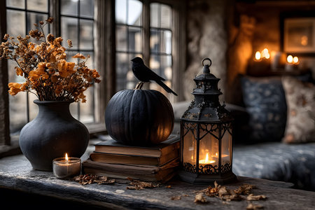 Warm, rustic autumn scene featuring a black pumpkin on books, a decorative lantern, dried flowers in a vase, and candles on a wooden table near a window. soft lighting enhances the cozy atmosphere, perfect for seasonal home decor inspiration. Generative AIの素材