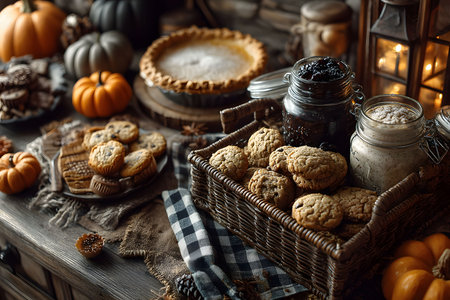 A rustic autumn harvest table adorned with pumpkins, a freshly baked pie, and homemade cookies. the scene includes jars of preserves, adding a cozy touch perfect for a thanksgiving celebration or fall gathering. Generative AIの素材