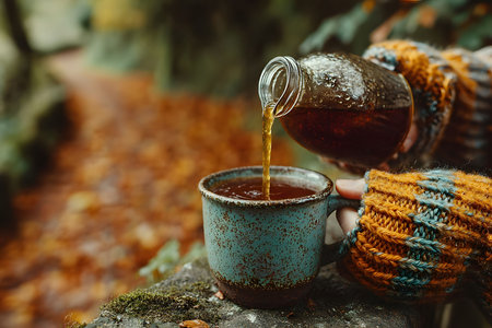 A cozy autumn scene featuring a person pouring tea from a flask into a ceramic mug. they wear colorful knitted gloves, surrounded by a blurred forest path with fall leaves, evoking warmth and serenity. Generative AIの素材