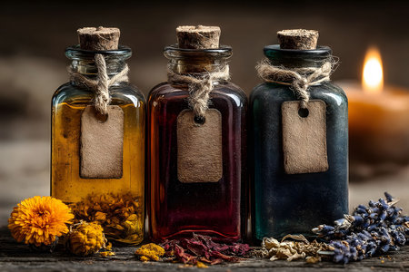 Three vintage glass jars with cork stoppers filled with colored liquids, adorned with twine and labels, surrounded by dried marigold and lavender flowers. a candle glows softly in the background, enhancing the serene atmosphere. Generative AIの素材