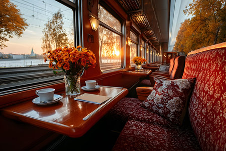 Elegant train interior during autumn, featuring plush seating and vibrant floral arrangements. large windows showcase a stunning sunset over a picturesque landscape, combining comfort and scenic beauty for an inspiring travel experience. Generative AIの素材