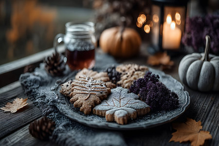 Cozy autumn outdoor setting featuring a wooden table adorned with leaf-shaped cookies, a warm glass of cider, pumpkins, and a lit lantern. accented with pinecones, fall leaves, and rich textures, this scene evokes a warm, inviting atmosphere. Generative AIの素材