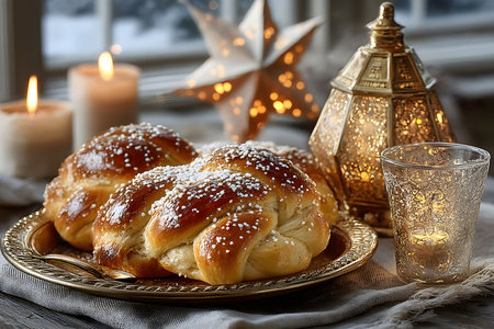 A beautifully braided holiday bread garnished with powdered sugar sits on an ornate gold tray. elegant candles and a decorative lantern provide a warm, festive ambiance. a star-shaped decor enhances the cozy winter setting. Generative AIの素材