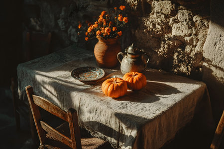 A cozy rustic table adorned with vibrant pumpkins and a terracotta vase of marigolds. soft natural light accentuates the textured stone wall, creating a warm autumn ambiance perfect for seasonal or holiday decor inspiration. Generative AIの素材