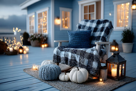 Cozy autumn scene featuring a porch adorned with a plush checkered chair, glowing lanterns, and white pumpkins. string lights and candles enhance the warm, inviting ambiance, perfect for fall or seasonal decoration concepts. Generative AIの素材